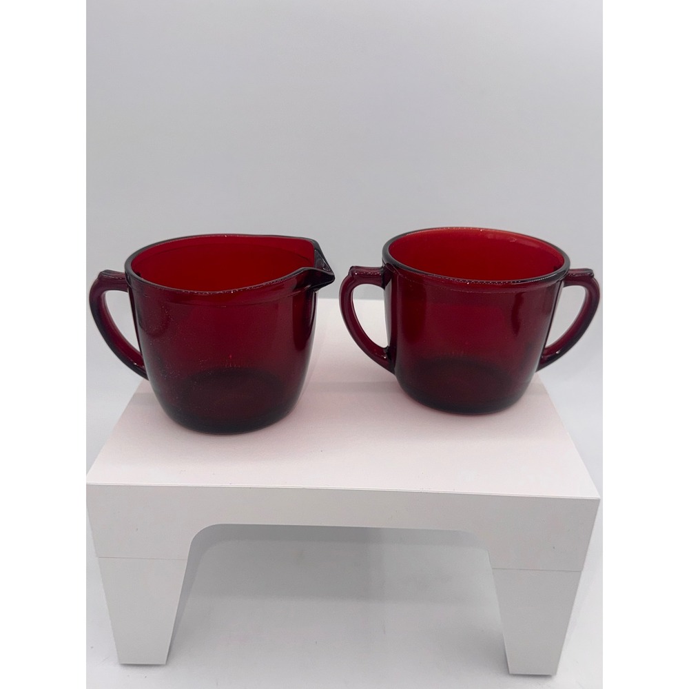 Vintage Ruby Red Glass Creamer and Sugar Bowl Set Double Handle 3 inch T
